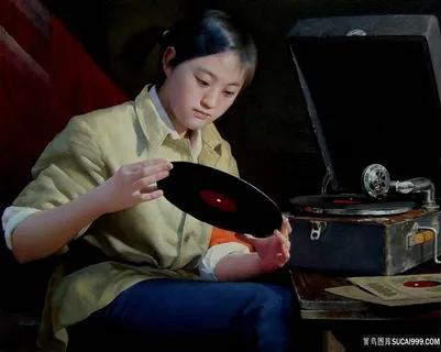 唱片女孩油画装饰画