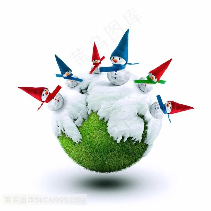 精美圣诞节绿色地球上的雪人摄影图