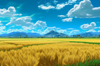 背景为蓝天的稻田深黄色稻谷插画背景