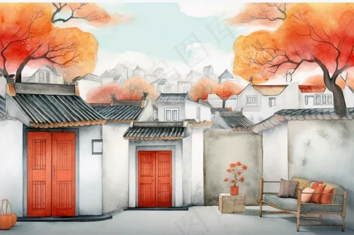 秋季胡同里古代建筑庭院水彩画水墨画素材(1344x896)