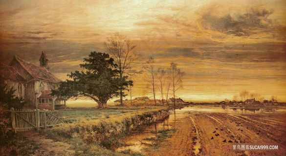 夕阳农房风景画油画