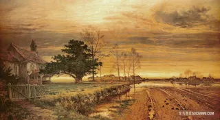 夕阳农房风景画油画