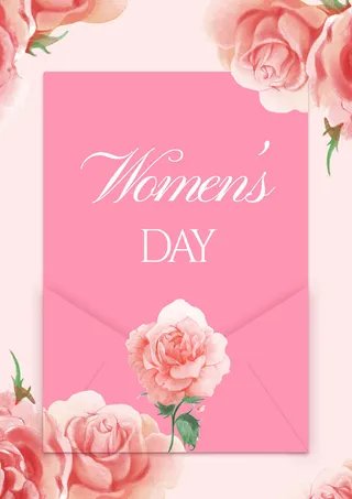 手绘花卉妇女节粉色贺卡