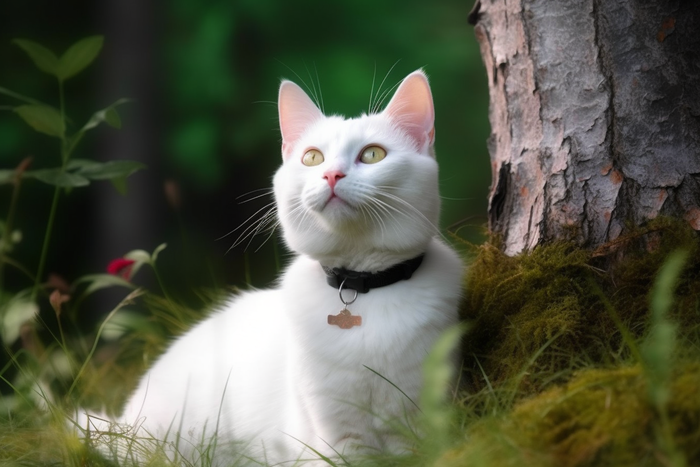 白色猫咪脖子戴着项圈猫牌在大树根边玩耍摄影图(4032x2688)