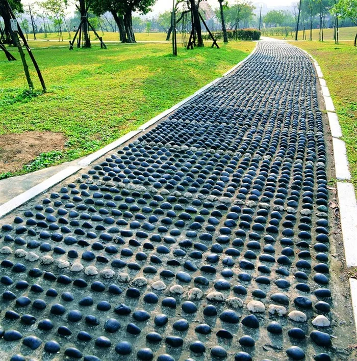 草地边鹅卵石铺的道路