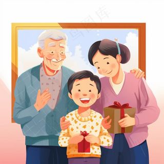 一家人家庭照礼物开心欢乐天伦之乐卡通插画素材背景