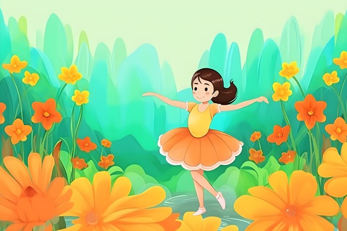 花丛中跳舞的女孩色彩插画背景(3600x2400)