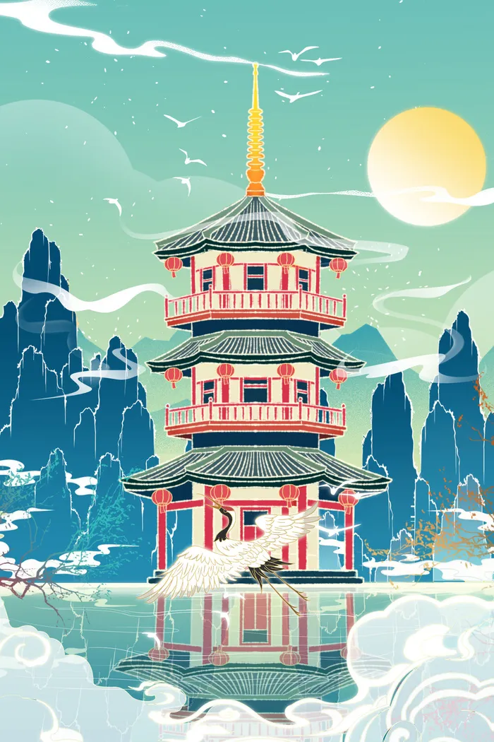 中国风国潮古建筑地标城市古风建筑阁楼印象地标手绘插画PSD素材psd模版下载