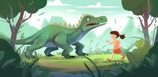 恐龙儿童大自然森林奔跑插画海报素材背景