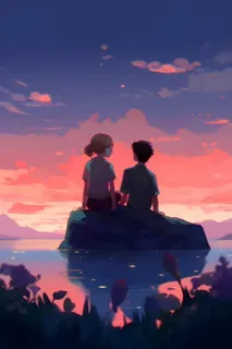 长辈父亲和孩子坐着看落日晚霞浪漫背景