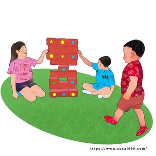 手绘红色扁平化堆积木儿童游乐园人物插画展板海报板报