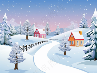 冬季白雪覆盖村庄和大地自然风景卡通插画素材背景