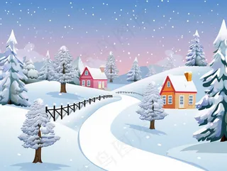 冬季白雪覆盖村庄和大地自然风景卡通插画素材背景