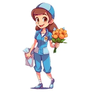 护士医生拿着花手绘插画免抠