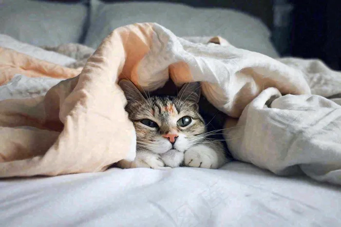 被窝里睡觉的猫猫，可爱的动物摄影图(1344x896)
