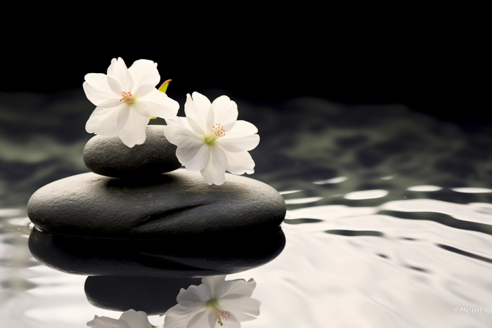 水里黑色石块上放的白色小花摄影图