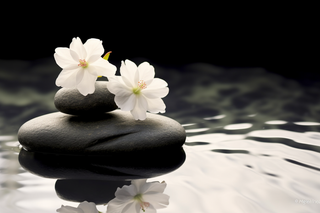 水里黑色石块上放的白色小花摄影图