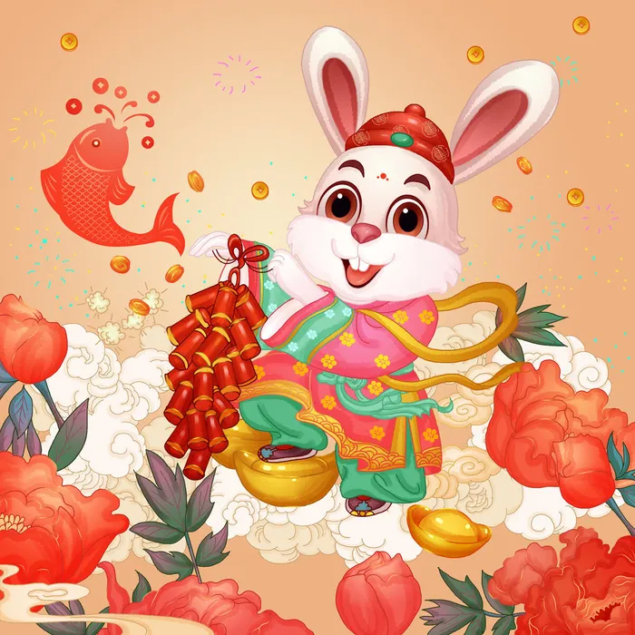 手绘2023兔年新年卡通兔子形象IP插画元素PSD设计素材png图案