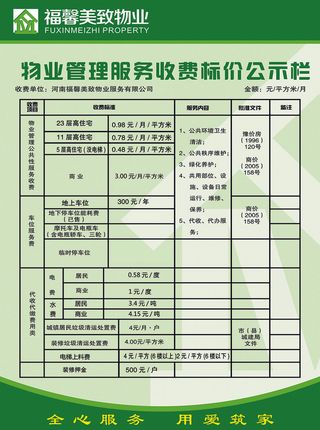 福馨美致物业管理服务收费标准公示栏