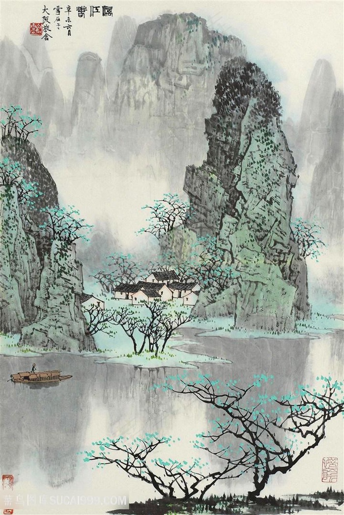 白雪石湖畔水墨山脉风景画