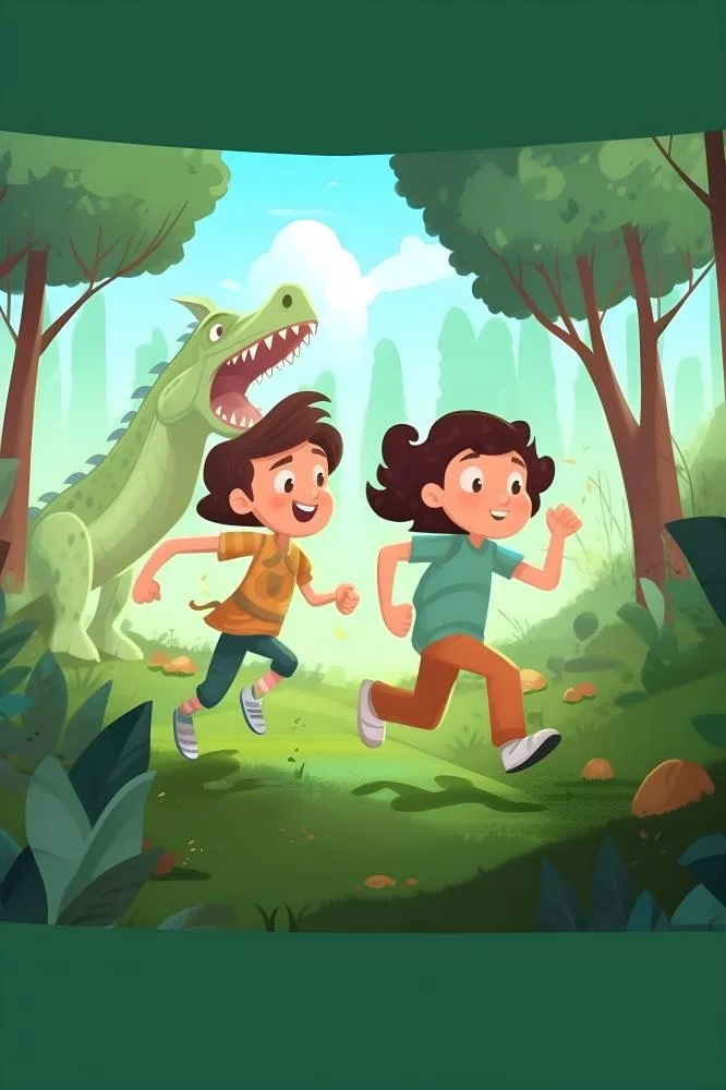恐龙儿童大自然森林奔跑插画海报素材背景(3584x5376)