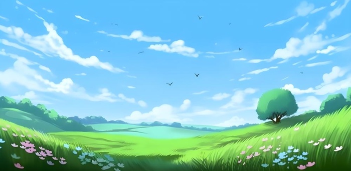 春天蓝天白云草原绿色树草地手绘插画海报素材背景(6272x3072)