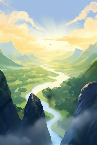 山顶眺望远方山川河流天空卡通插画素材