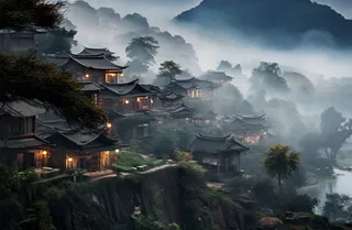 云雾缭绕群山之中有很多古代建筑,仙境