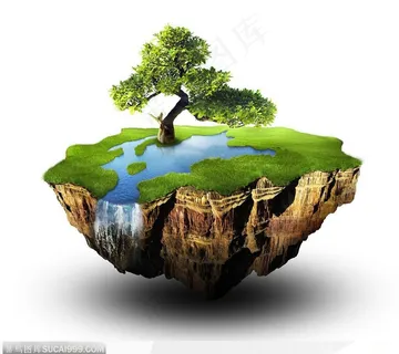 低碳环保绿色家园-悬浮的一块土地上草地湖泊和一棵树木