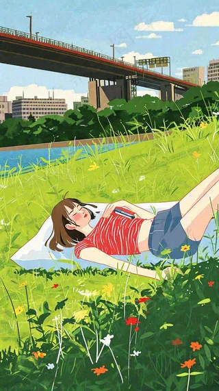 城市阳光蓝天白云人物在草地风景手绘插画，休闲