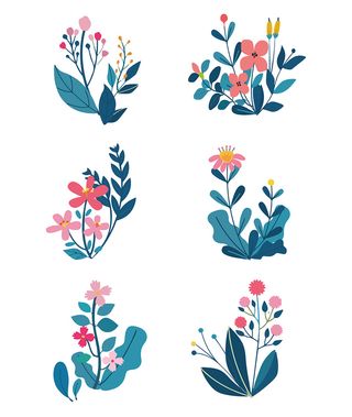 免抠小清新春季蓝绿色花草植物插画元素