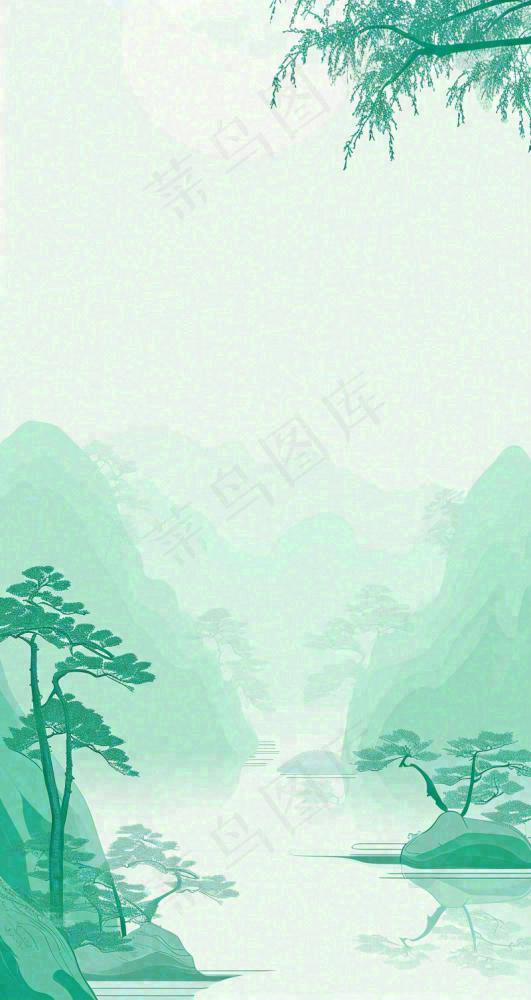 国风意境山水画落日绿色(800x1504)
