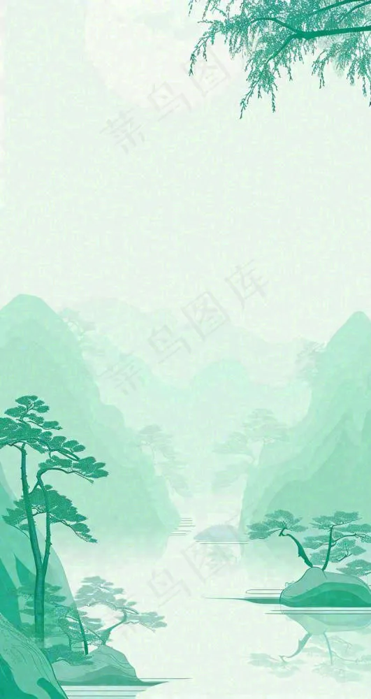 国风意境山水画落日绿色(800x1504)