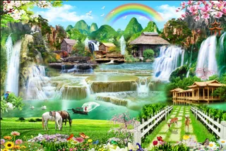 流水生财花园麋鹿双马美丽风景