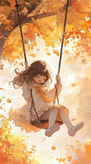 秋天落叶季节少女玩耍荡秋千，秋分儿童