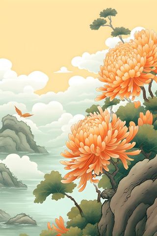 菊花国风山水插画