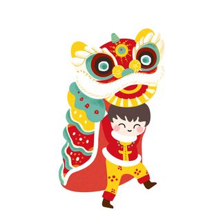 新年春节虎年元宵手绘人物舞狮卡通狮子头插画元素PSD设计素材