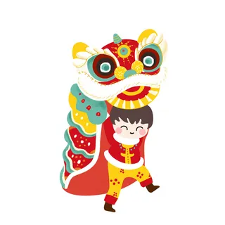 新年春节虎年元宵手绘人物舞狮卡通狮子头插画元素PSD设计素材