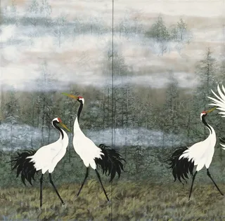 丹顶鹤雾蒙森林高清油画图片