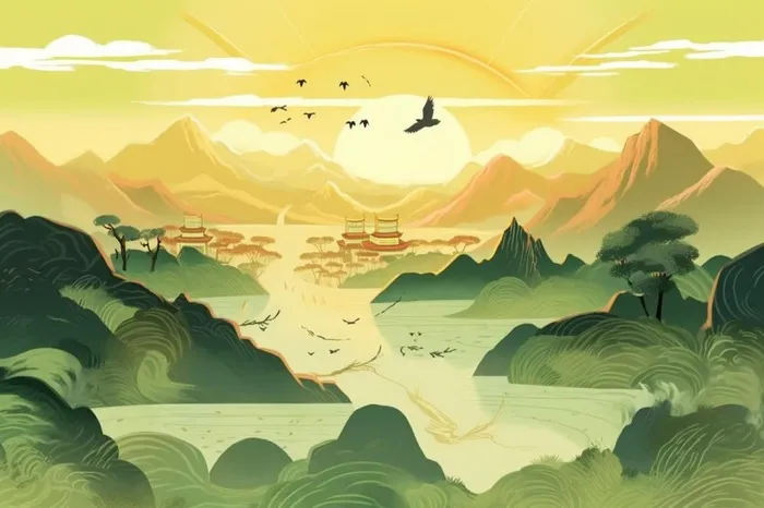 国潮黄色仙鹤山脉云背景(1344x896)