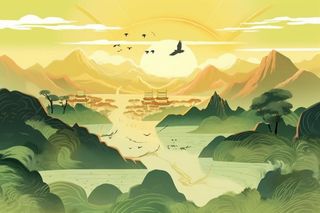 国潮黄色仙鹤山脉云背景