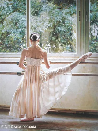 腿部练习的舞者油画图片