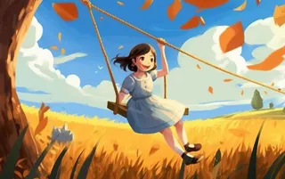 秋天女孩在树上荡秋千黄色落叶插画背景