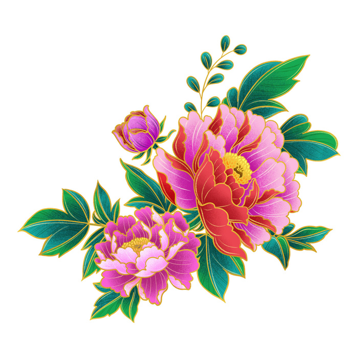 手绘国潮中国风古典牡丹花国花花卉装饰图案PSD设计素材