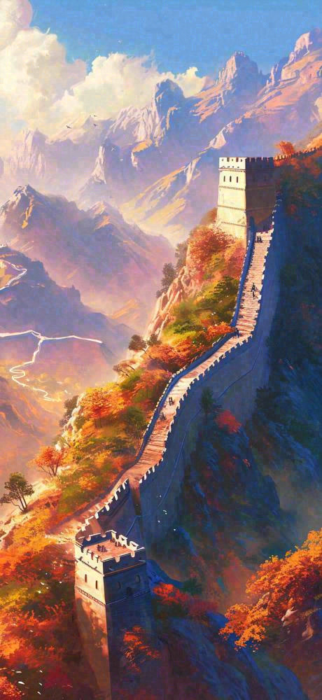 中国风万里长城落日阳光雄伟建筑手绘插画(736x1600)