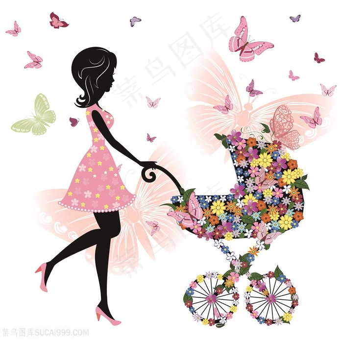 唯美花卉车美女手绘插画