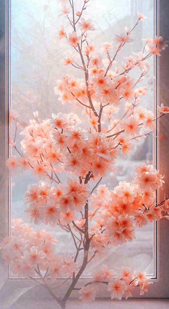春天窗台粉色渐变鲜花，枝叶，春节立春(816x1488)