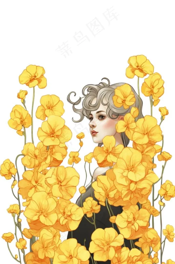 黄色花朵花丛中的少女插画免抠(896x1344)
