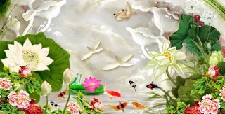 雕塑荷花鱼群牡丹花背景墙