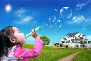 别墅小姑娘吹泡泡韩式自然背景